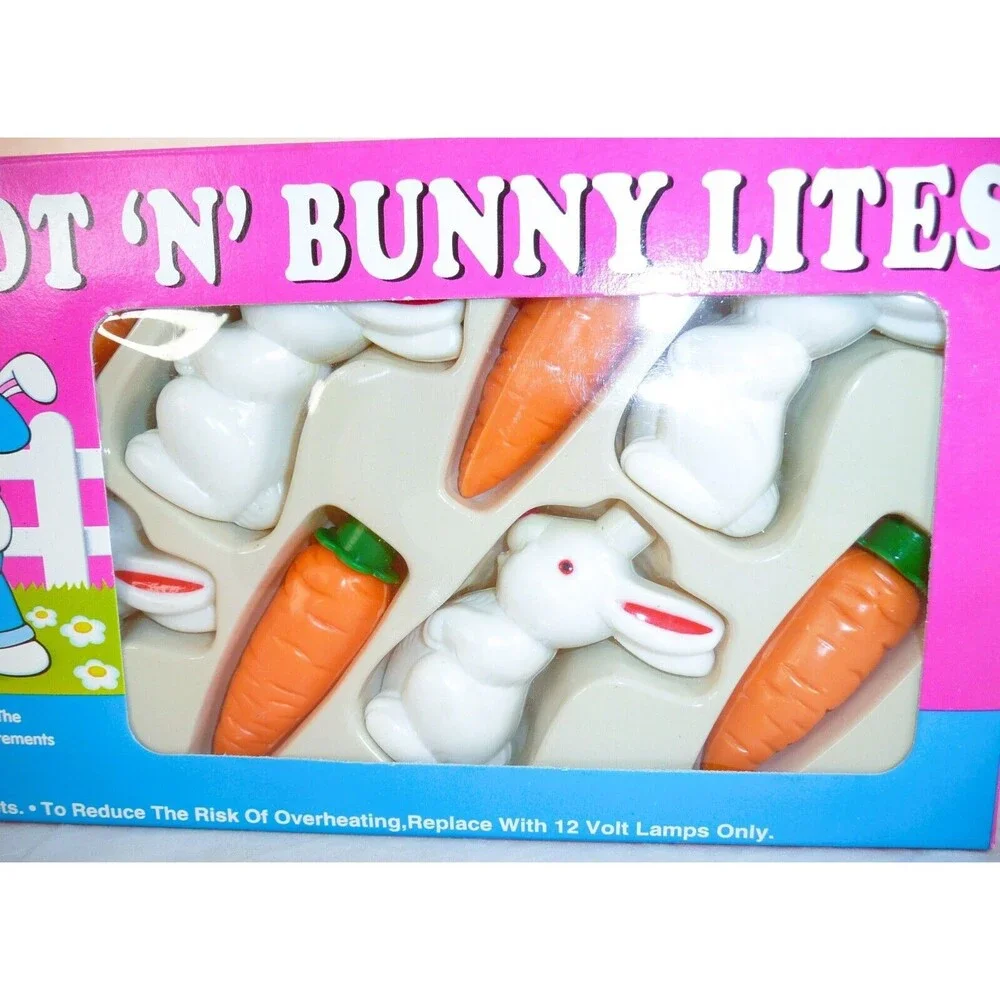 Vintage Easter - Carrot n Bunny 10 Lites Blow Mold String Lights New Old Stock